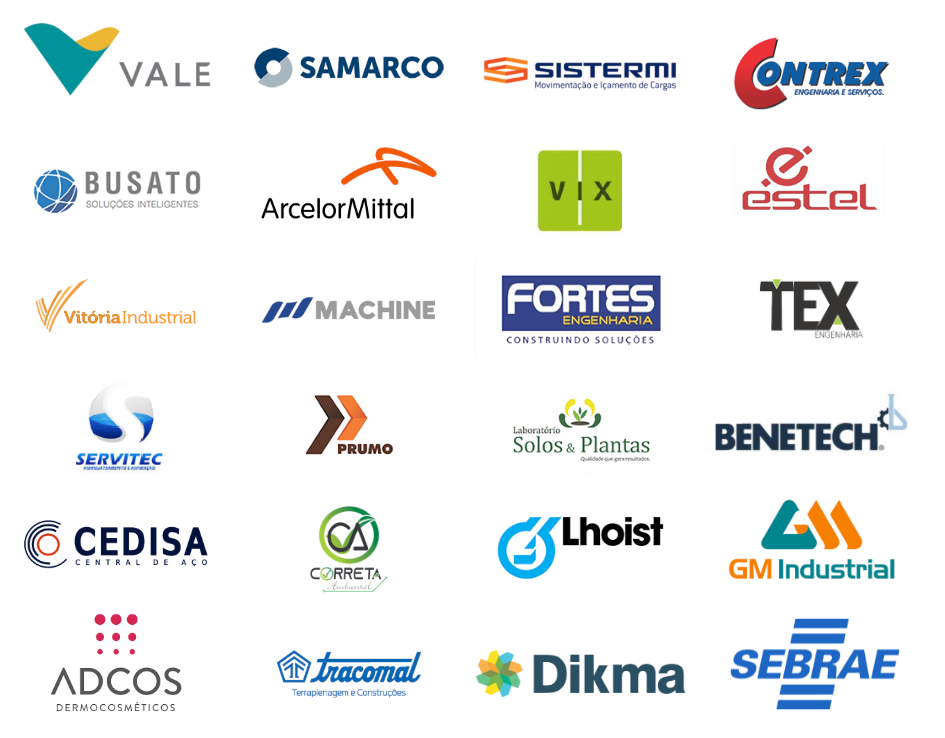 Logos dos clientes: Vale, Samarco, Sistermi, Contrex, Busato, ArcelorMittal, VIX, Estel, Vitória Industrial, Machine, Fortes Engenharia, TEX, Servitec, Prumo, Laboratório Solos & Plantas, Benetech, Cedisa, Correta, Lhoist, GM Industrial, Adcos, Tracomal, Dikma e Sebrae